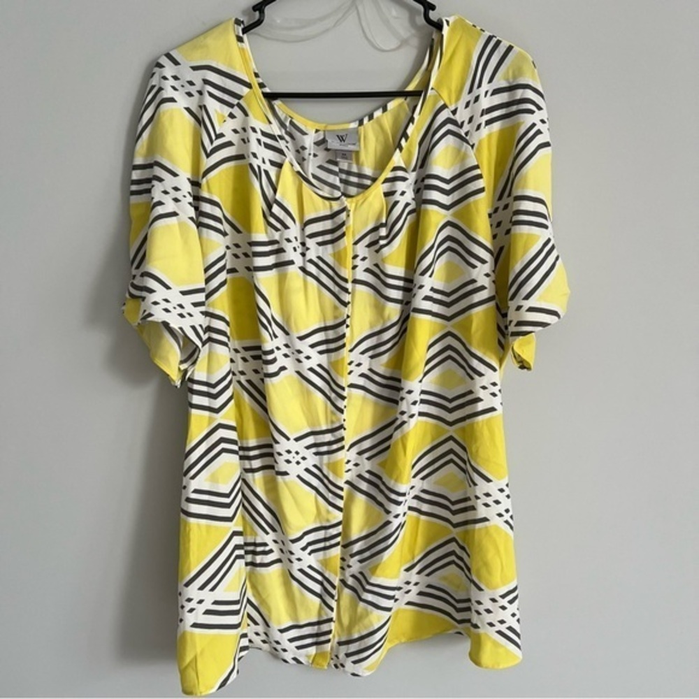 Worthington Yellow Geometric Print Button-Down Blouse Scoop Neck 3X